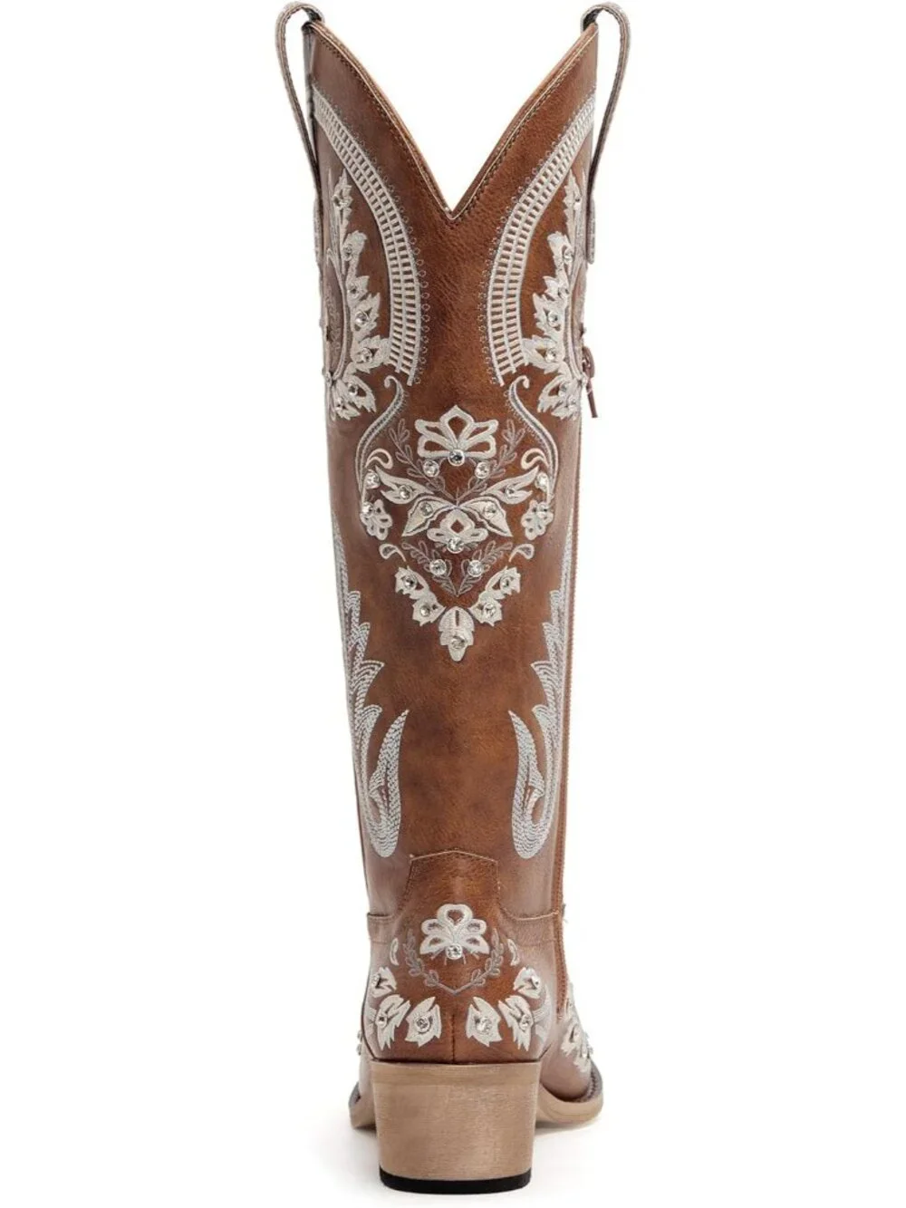 Women's Brown Faux Leather Rhinestone Knee High Cowgirl Snip Toe Zipper Boots
